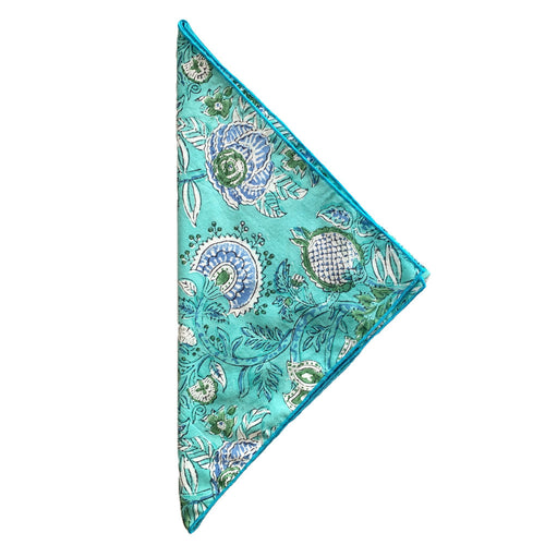 Aqua Floral Block Print Pocket Square