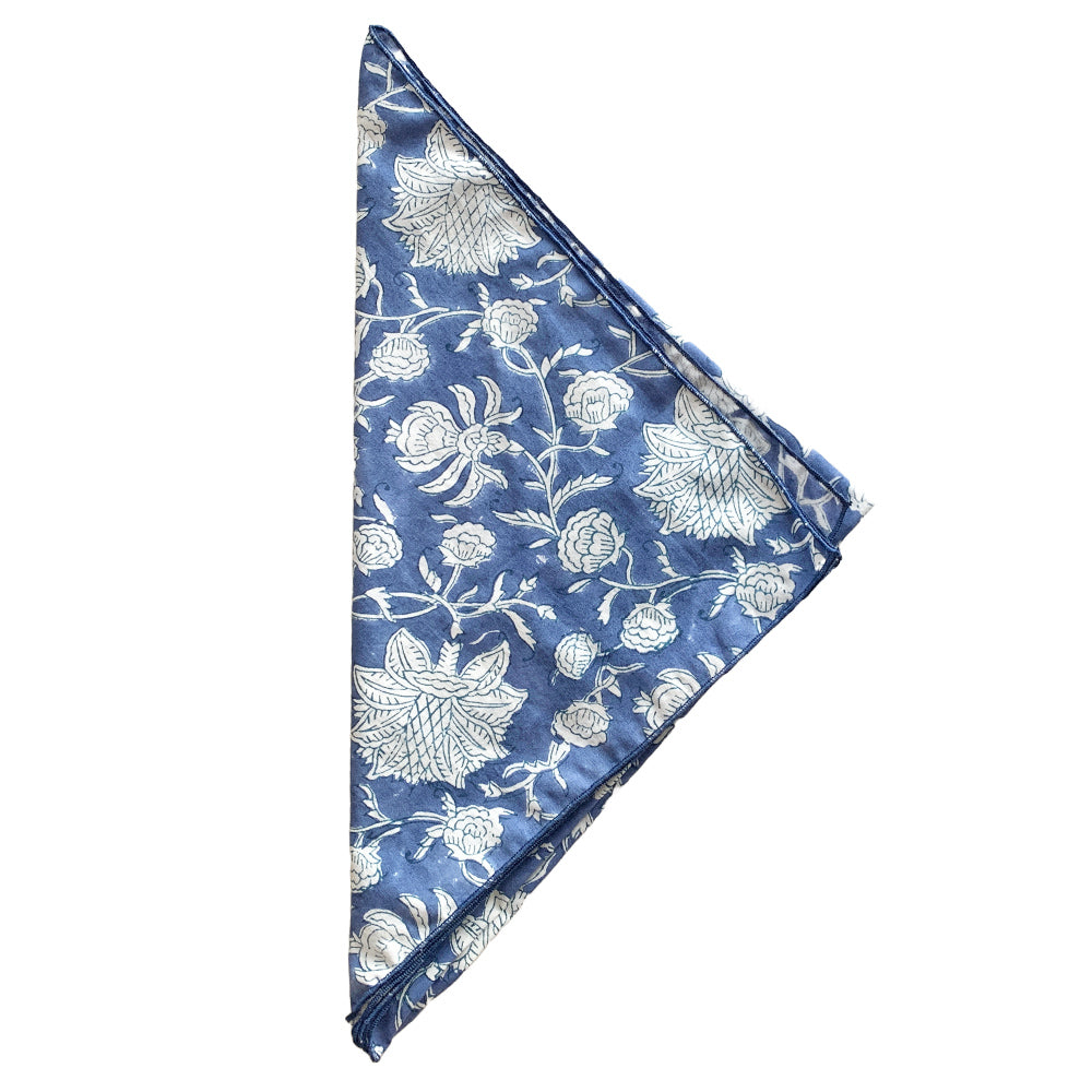 Navy & White Floral Block Print Pocket Square